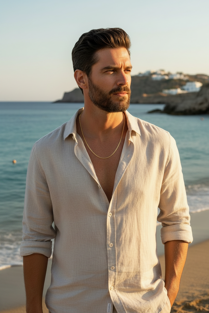 A man standing on a beach wearing a light beige linen button-up shirt and a gold chain necklace, with the ocean and rocky coastline in the background.  Perfect gift for a husband or boyfriend